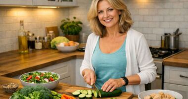 Frau ab 45 beim gesunden Kochen – Abnehmen in den Wechseljahren mit Low Carb