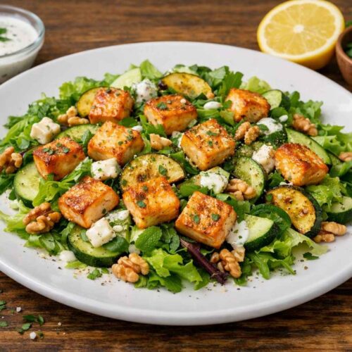 Vegetarischer Low carb Salat mit Halloumi, Zucchini und Kräutern