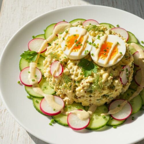 Eiersalat auf knackigem Gurkenbett mit Senf-Joghurt-Dressing